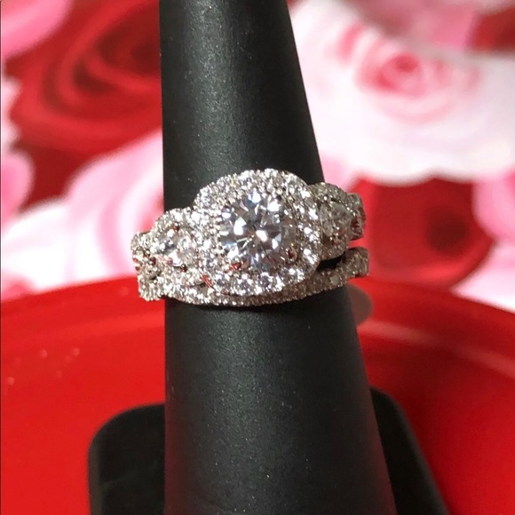 3 Pcs 925 Silver Engagement Ring Wedding Band SET - Picture 2 of 8